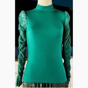 Maeve by Anthropologie Ruched Lace Long Sleeve Top in Dark Green, Size XXS